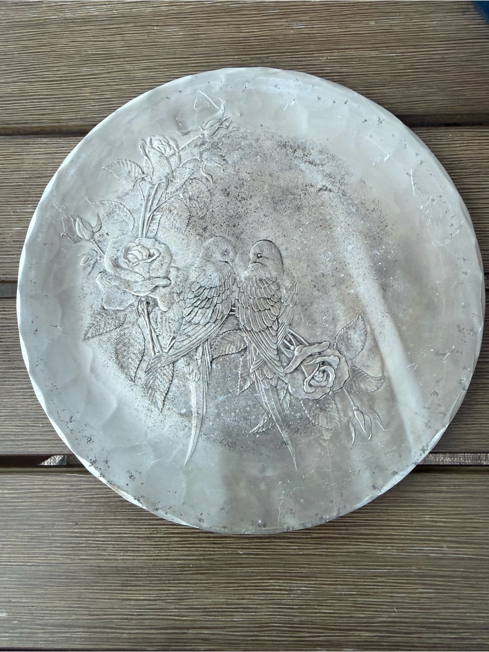 Vintage Wendell August Forge Handmade Pewter Lovebirds & Roses Wall Plate 10"